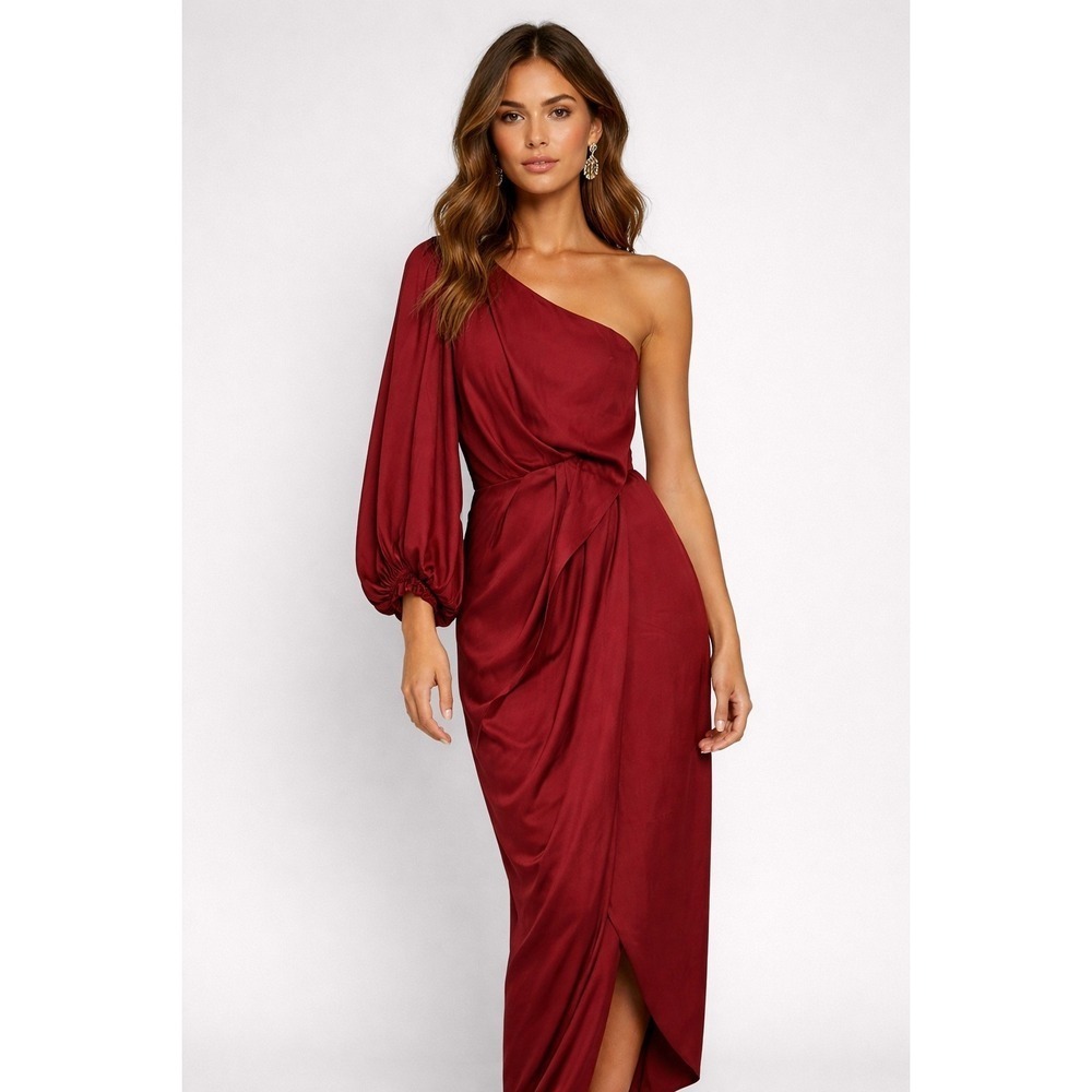 Shona Joy La Lune One Shoulder Balloon Sleeve Midi Dress Pinot Burgundy SJ6006 6